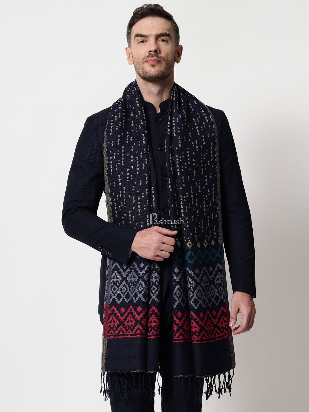 Pashtush India Mens Scarves Stoles and Mufflers Pashtush mens Bamboo stole, Aztec Weave, Reversible design, Blue