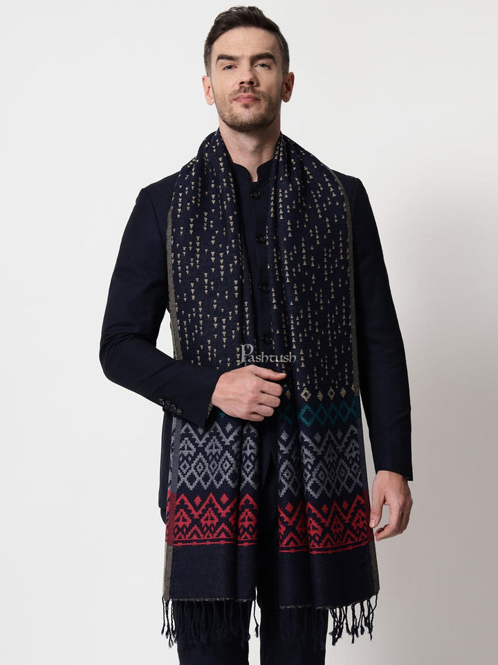 Pashtush India Mens Scarves Stoles and Mufflers Pashtush mens Bamboo stole, Aztec Weave, Reversible design, Blue