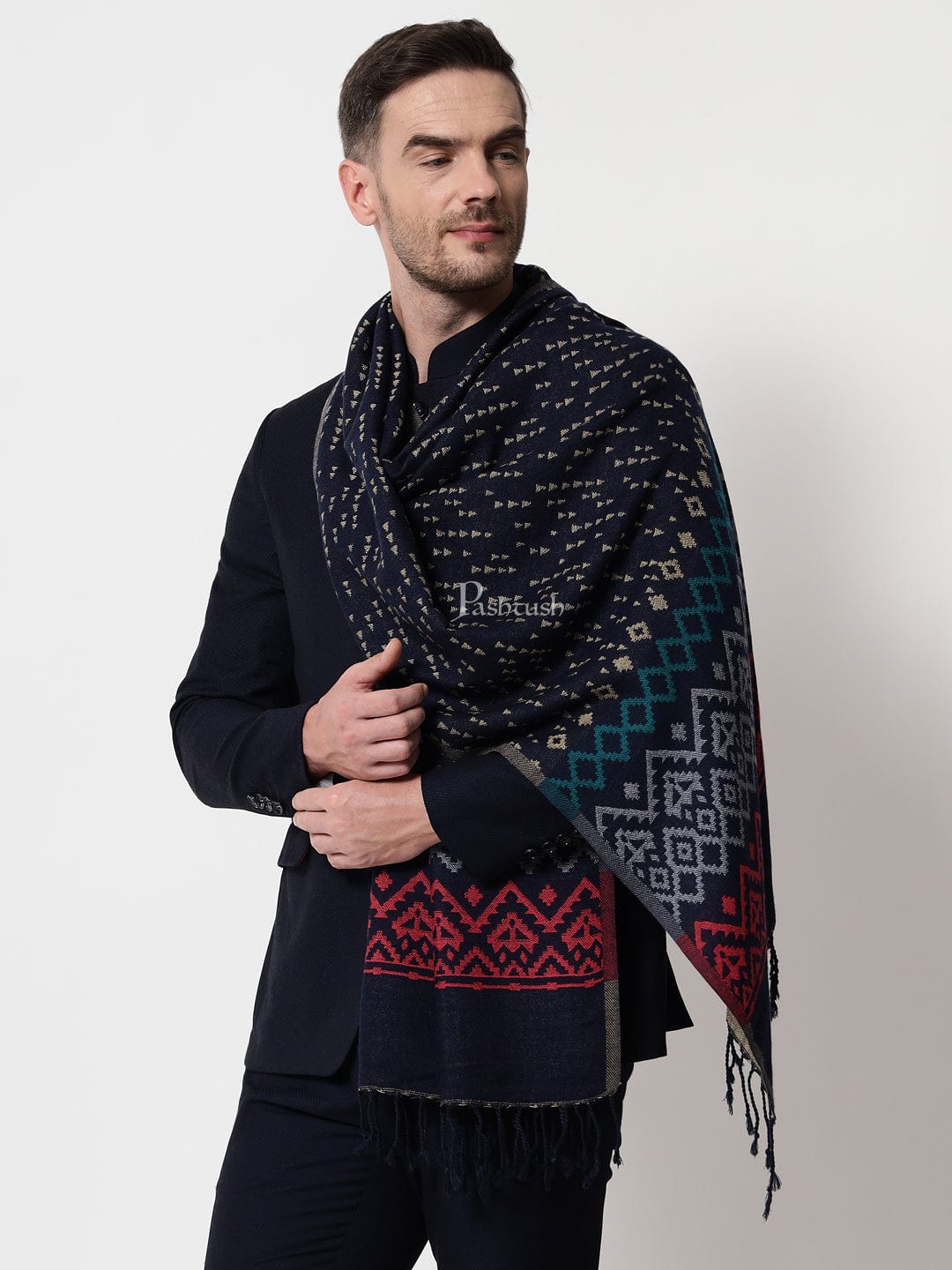 Pashtush India Mens Scarves Stoles and Mufflers Pashtush mens Bamboo stole, Aztec Weave, Reversible design, Blue