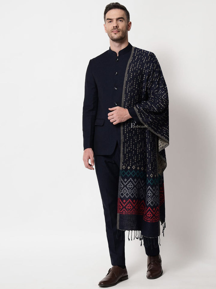 Pashtush India Mens Scarves Stoles and Mufflers Pashtush mens Bamboo stole, Aztec Weave, Reversible design, Blue