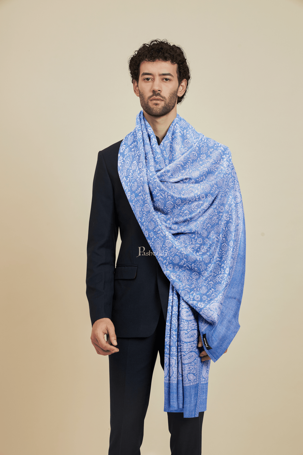Pashtush India Mens scarf and Stoles Pashtush Mens Bamboo Stole, Pasiley Weave Design, Arabic Sea Blue