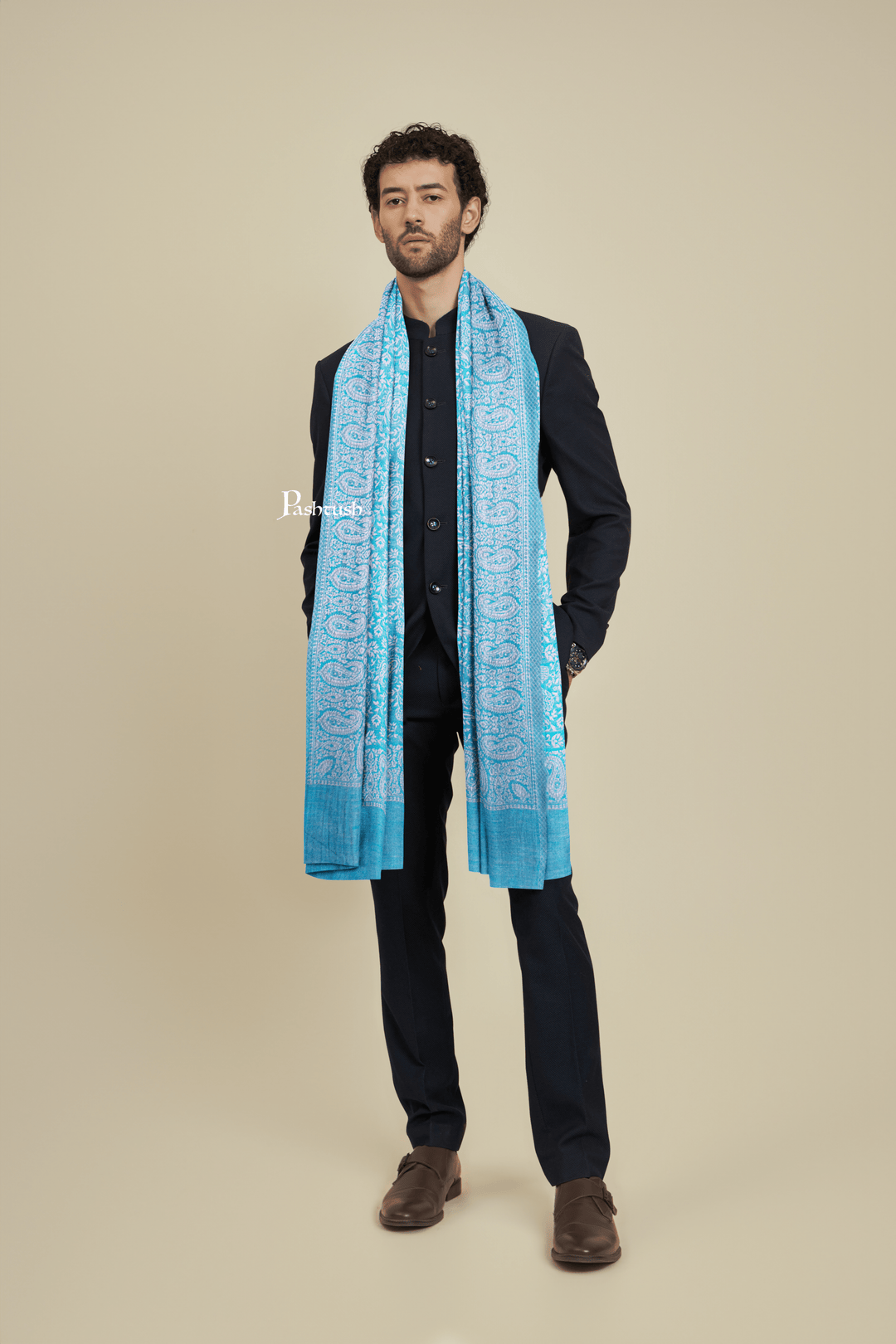Pashtush India Mens scarf and Stoles Pashtush Mens Bamboo Stole, Pasiley Weave Design, Arabic Sea Green
