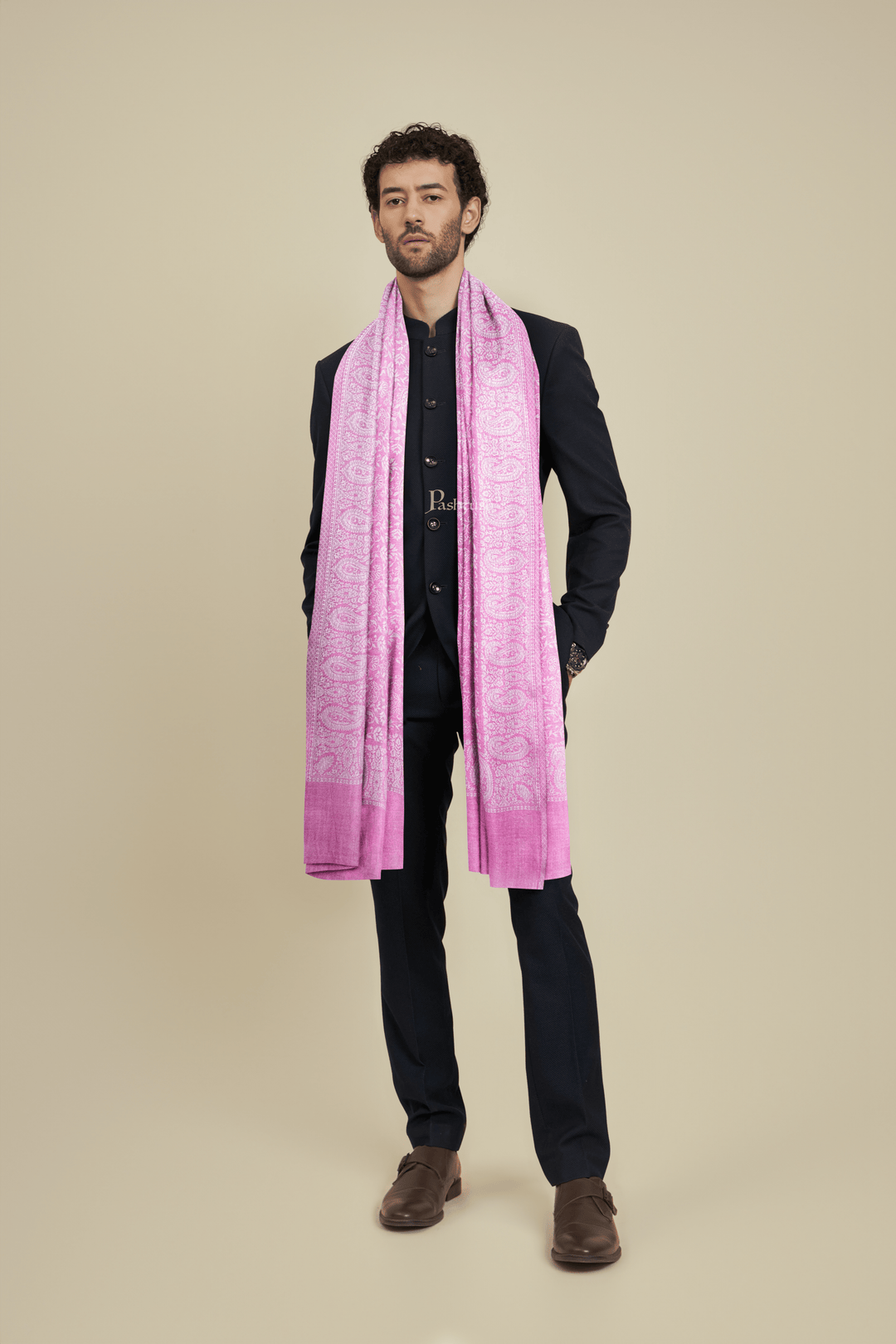 Pashtush India Mens scarf and Stoles Pashtush Mens Bamboo Stole, Pasiley Weave Design, Dark Pink