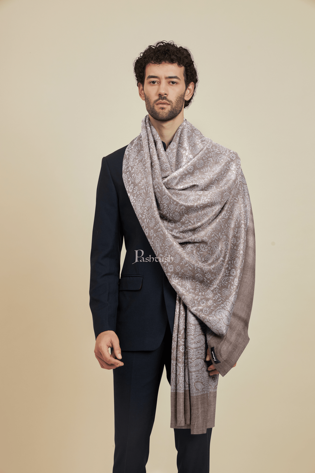Pashtush India Mens scarf and Stoles Pashtush Mens Bamboo Stole, Pasiley Weave Design, Grey