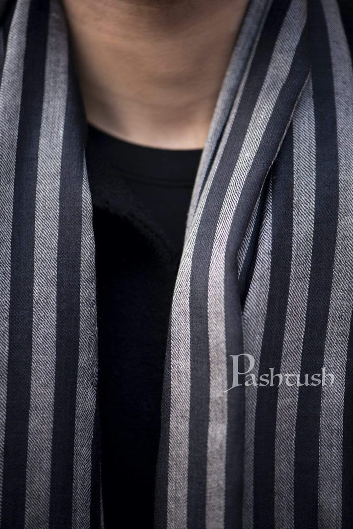 Pashtush India 70x200 Pashtush Mens Cashmere and Wool Scarf, Striped Charcoal Black