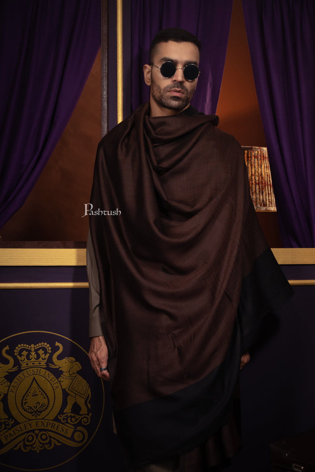 Pashtush India Mens Shawls Gents Shawl Pashtush Mens Cashmere Shawl, Reversible Design, Dark Brown