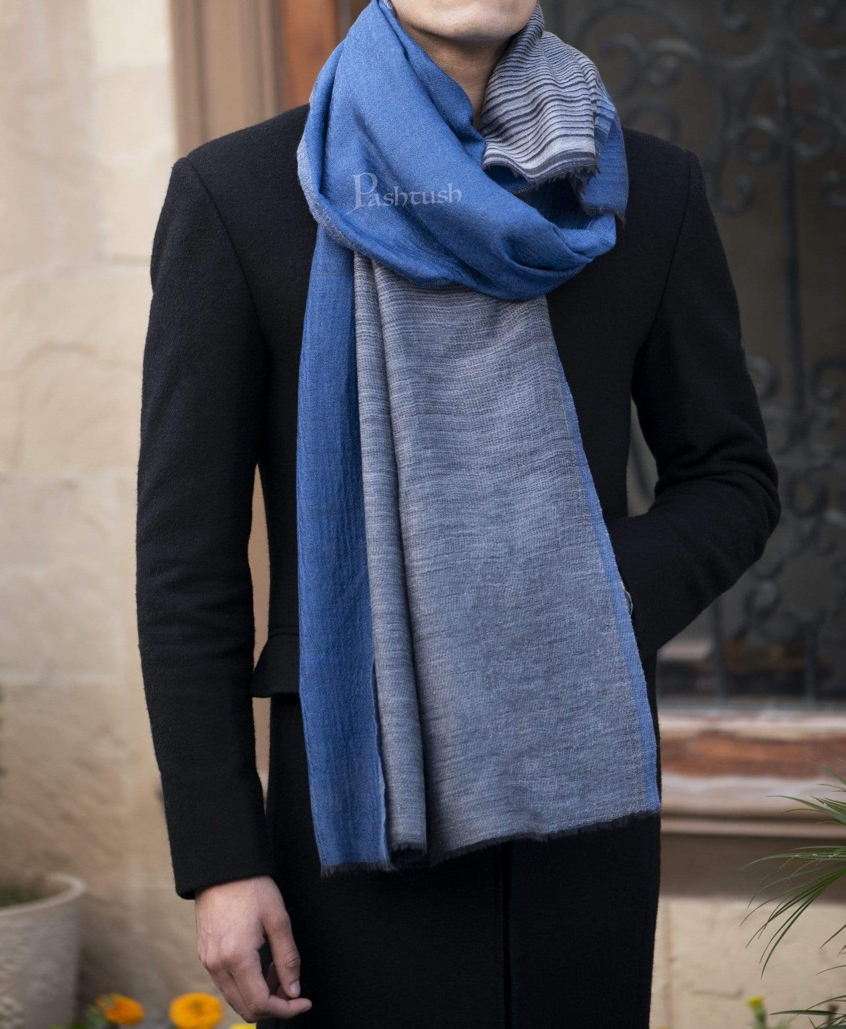 Pashtush Mens Cashmere Wool Scarf, Reversible, Twin Weave, Azure