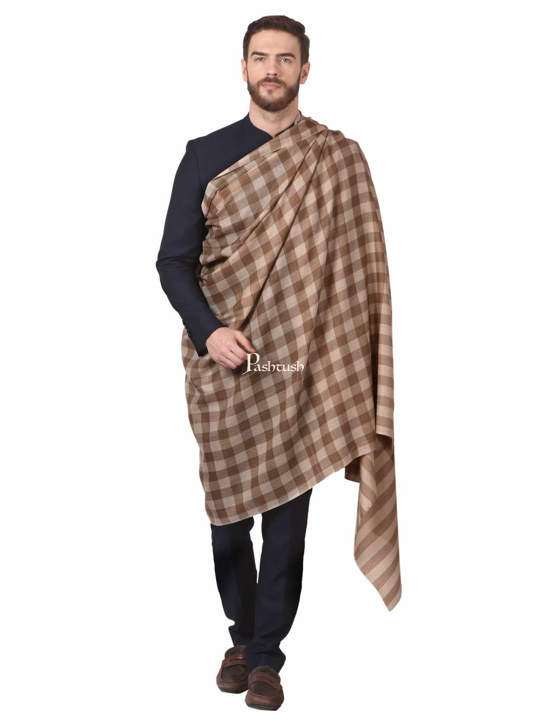 Pashtush India Mens Shawls Gents Shawl Pashtush Mens Check Shawl, Extra Fine Merino Wool, Warm, Soft And Light Weight