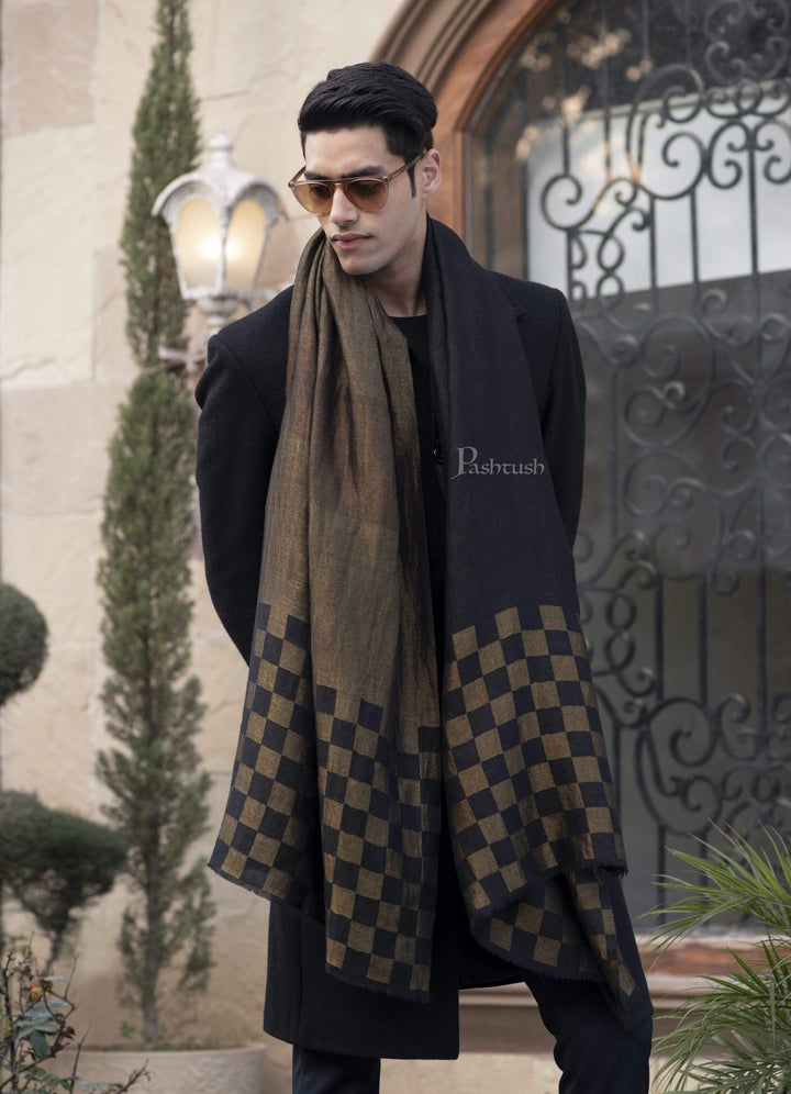 Pashtush India 70x200 Pashtush Mens Checkered Scarf, With Metallic Thread Weave, Black and Gold