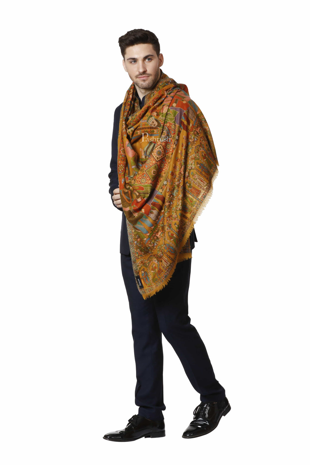 Pashtush India 100x200 Pashtush Mens Darbar Stole, With Woven Kaani,  Pure Wool, Woolmark Certified