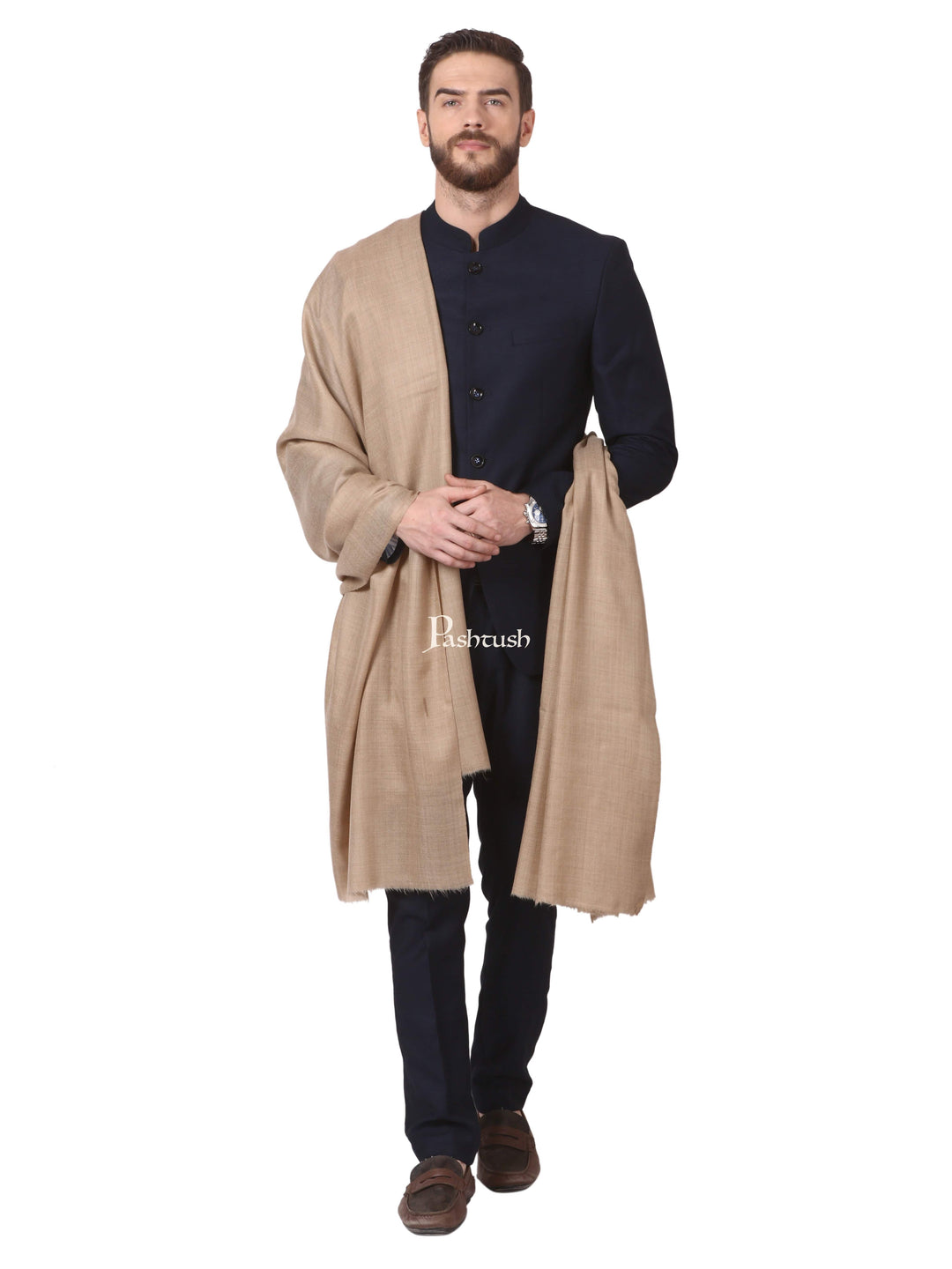 Pashtush India Mens Shawls Gents Shawl Pashtush Mens Diamond Weave Shawl, Fine Wool Medium Size, taupe