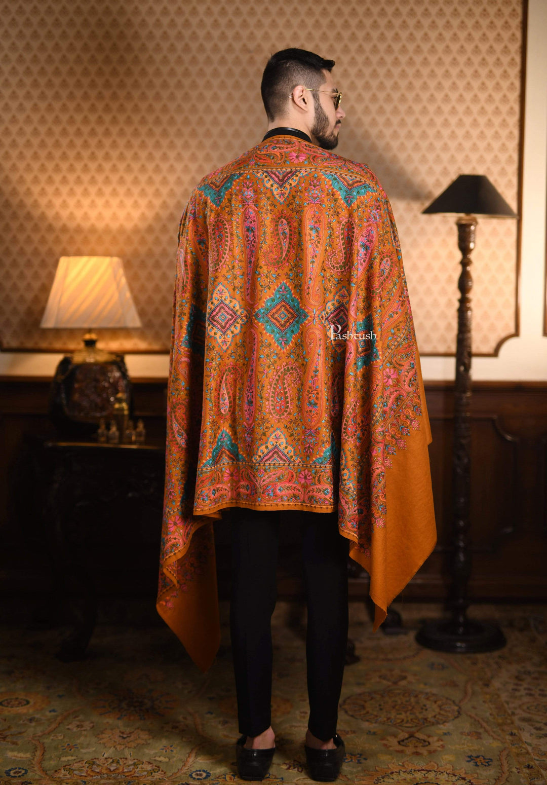 Pashtush India 100x200 Pashtush Mens Embroidered Jamawar Stole, Fine Wool, Soft and Warm