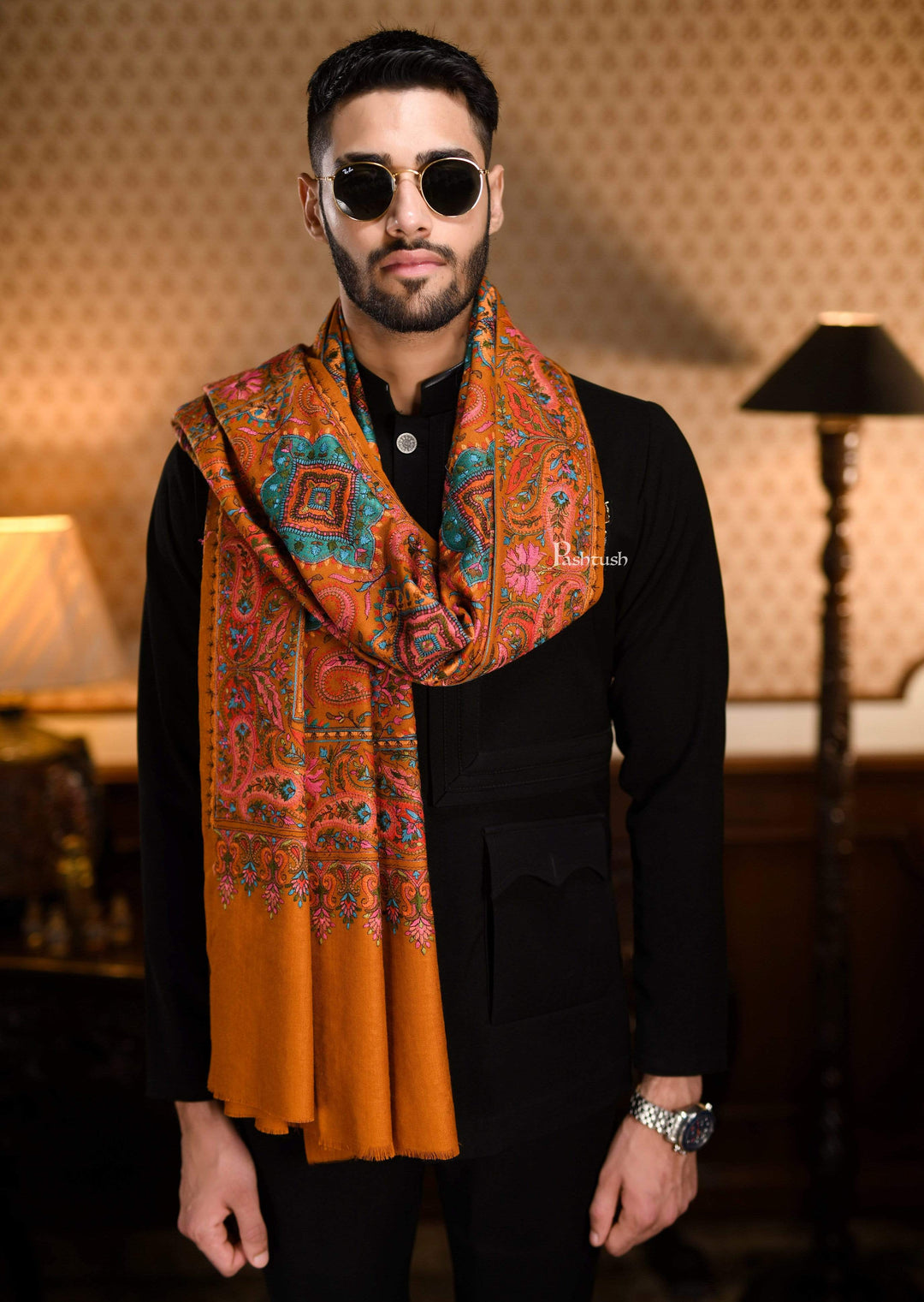 Pashtush India 100x200 Pashtush Mens Embroidered Jamawar Stole, Fine Wool, Soft and Warm