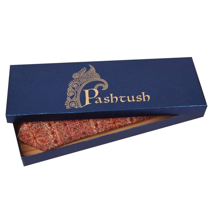 Pashtush Mens Embroidered Necktie, Wool, Paisley Design, Beige
