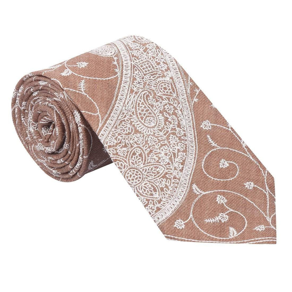 Pashtush Shawl Store Tie Pashtush Mens Embroidered Necktie, Pashmina and Wool, Paisley Design, Free Size, Tonal Beige