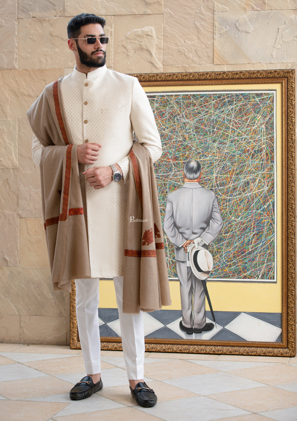 Pashtush India Mens Shawls Gents Shawl Pashtush Mens Embroidery Black Shawl, Kingri Design - Dark Beige