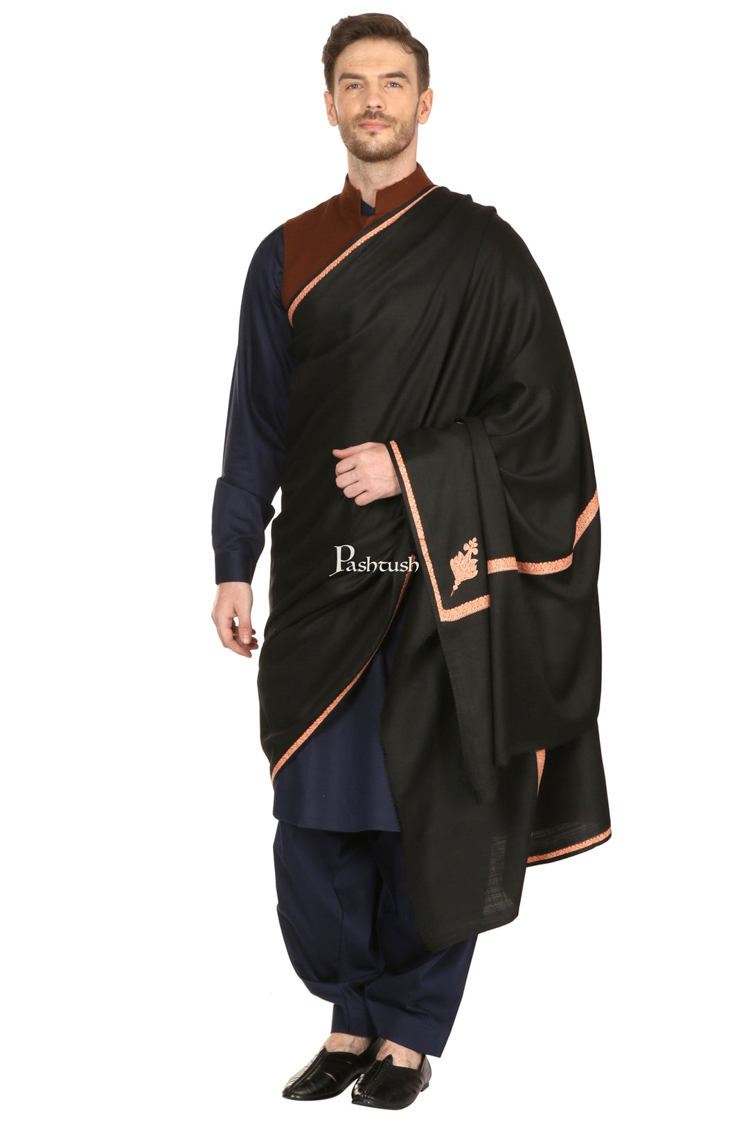 Pashtush India Mens Shawls Gents Shawl Pashtush Mens Embroidery Black Shawl, Kingri Design - Rich Black