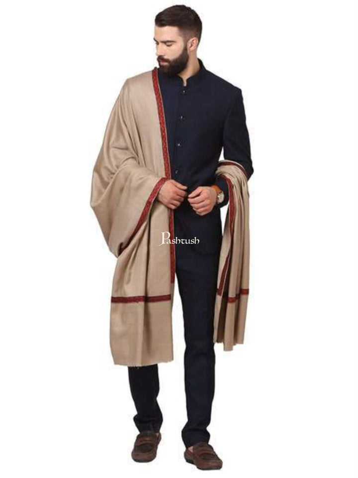 Pashtush India Mens Shawls Gents Shawl Pashtush Mens Embroidery Mens Shawl, Full Size, Beige