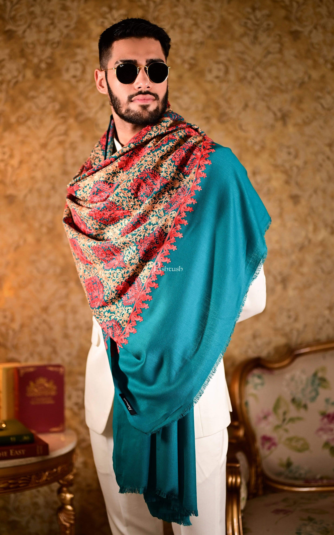 Pashtush India 70x200 Pashtush Mens Embroidery Shawl, Silky Thread work - Faux Pashmina