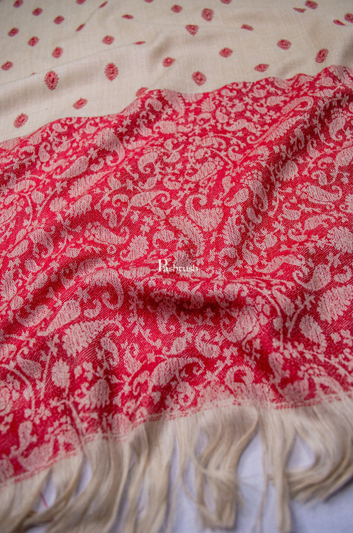 Pashtush India Mens Shawls Gents Shawl Pashtush Mens Embroidery Stole, Jacquard Palla, Fine Wool, Beige and Red