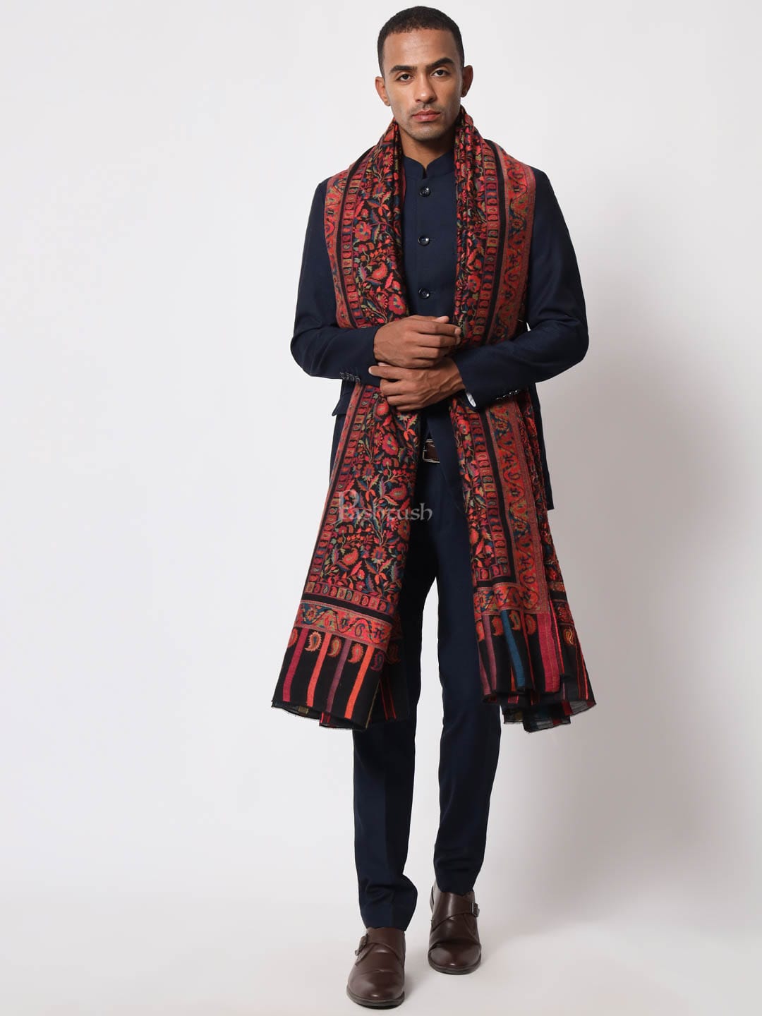 Pashtush India Mens Shawls Gents Shawl Pashtush Mens Ethnic Shawl, Mens Black Lohi, Full Size, Extra Fine Wool, Multicoloured