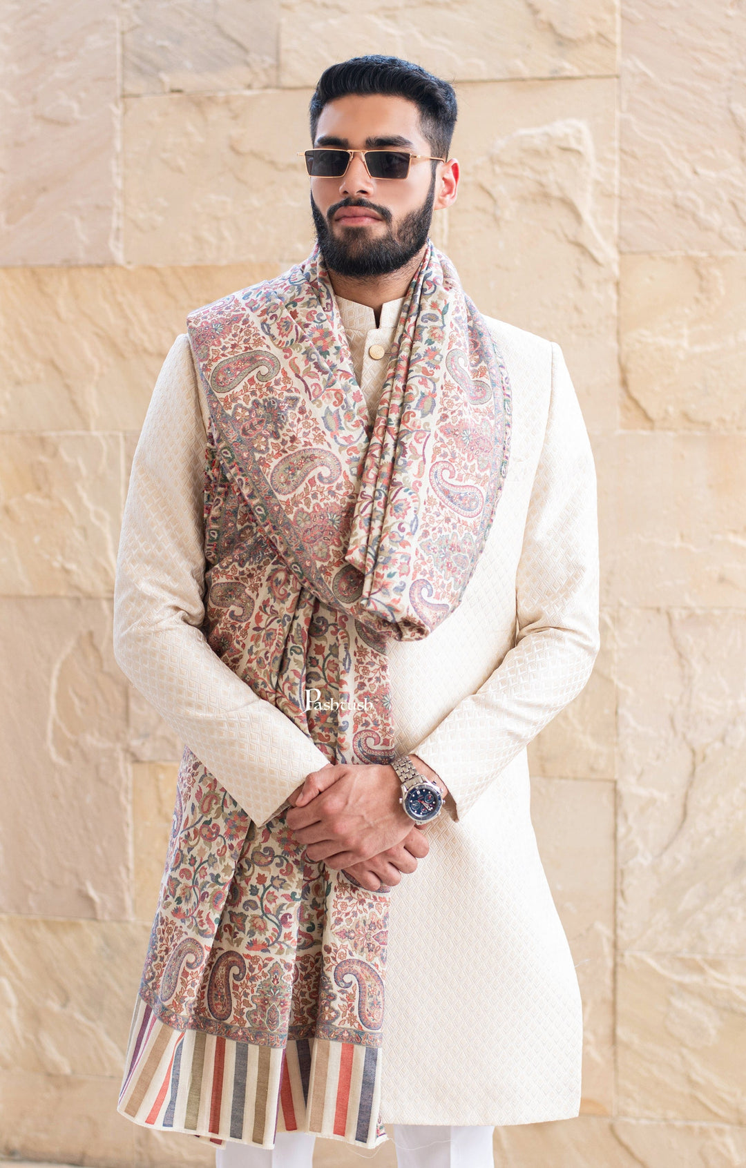 Pashtush India Mens Shawls Gents Shawl Pashtush Mens Ethnic Shawl, Mens Lohi, Full Size, Fine Wool, Ivory
