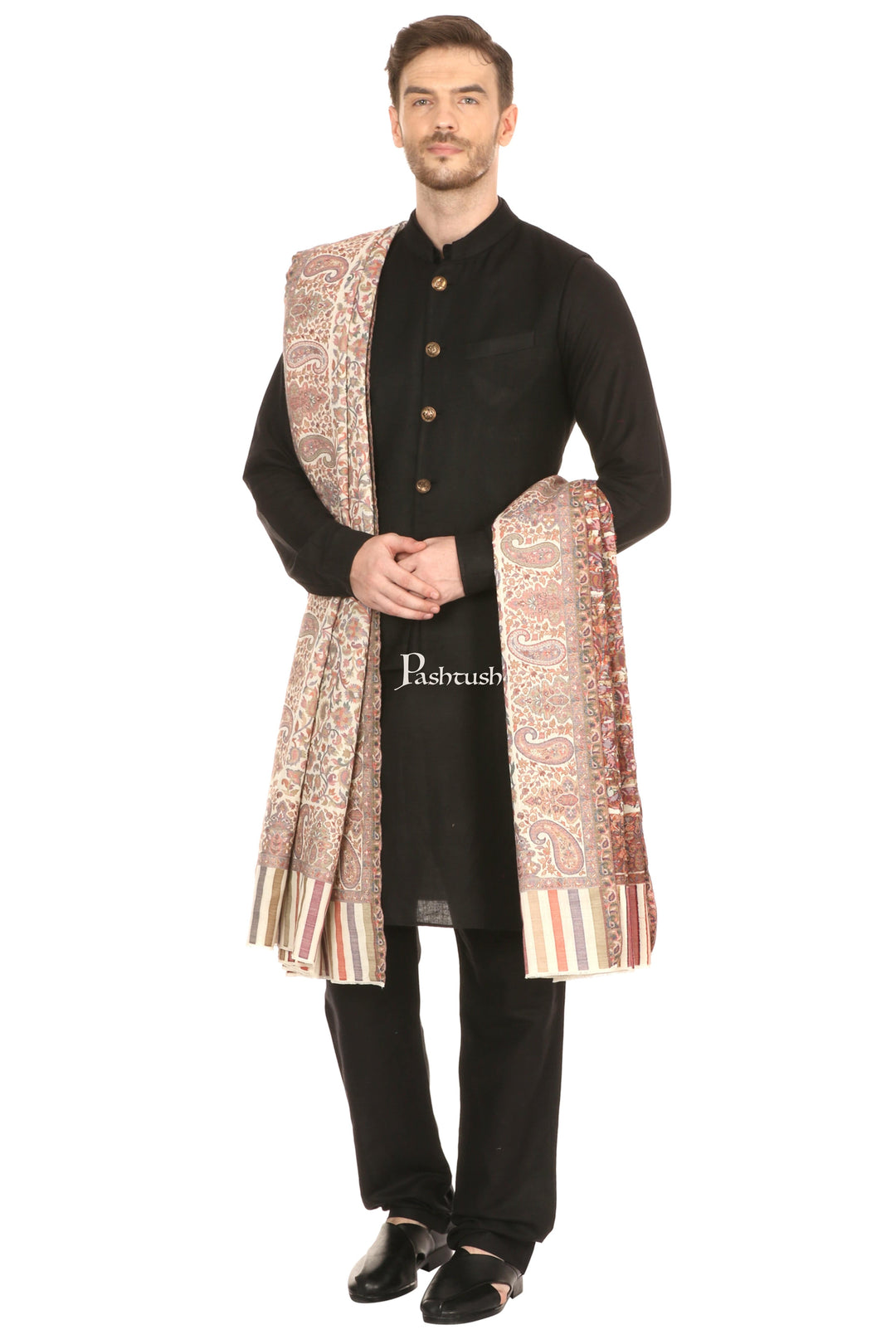 Pashtush India Mens Shawls Gents Shawl Pashtush Mens Ethnic Shawl, Mens Lohi, Full Size, Fine Wool,  Ivory