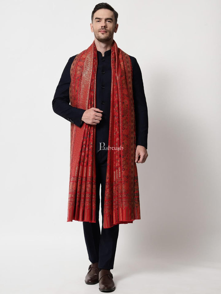 Pashtush India Mens Shawls Gents Shawl Pashtush Mens Ethnic Shawl, Mens Lohi , Full Size, Fine Wool, With Metallic Weave, Red