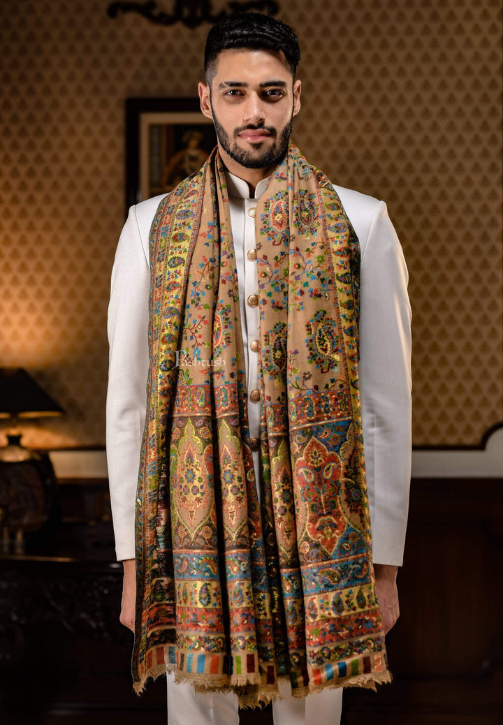 Pashtush India 100x200 Pashtush Mens Ethnic Shawl, Pure Wool, Woolmark Certificate, Beige with Zari Weave