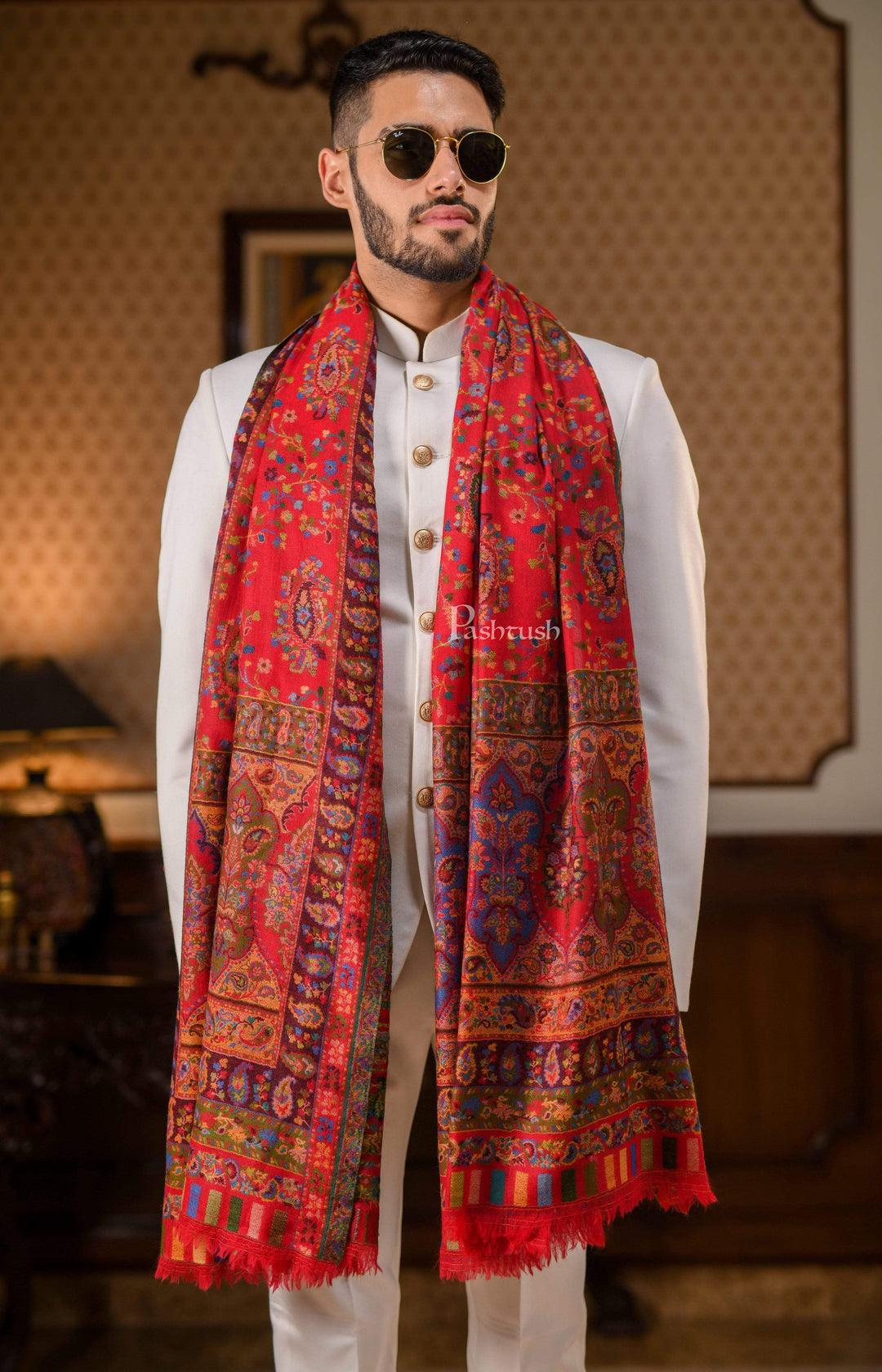Pashtush India 100x200 Pashtush Mens Ethnic Shawl, Pure Wool, Woolmark Certificate, Scarlet Red