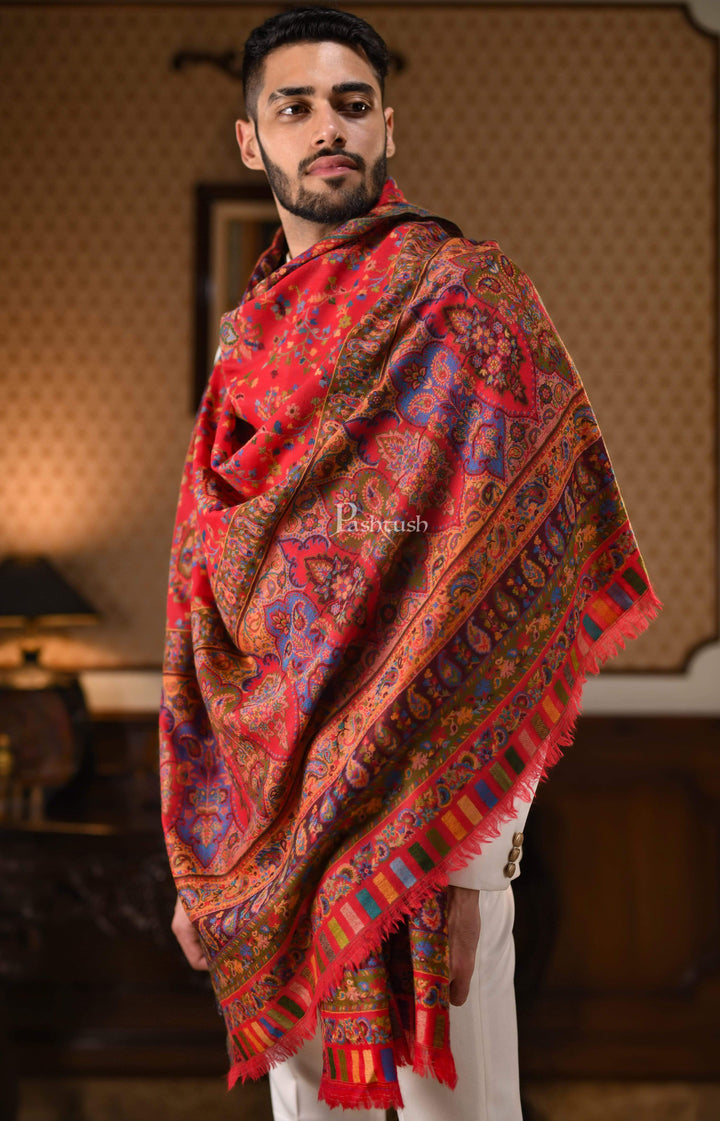 Pashtush India 100x200 Pashtush Mens Ethnic Shawl, Pure Wool, Woolmark Certificate, Scarlet Red