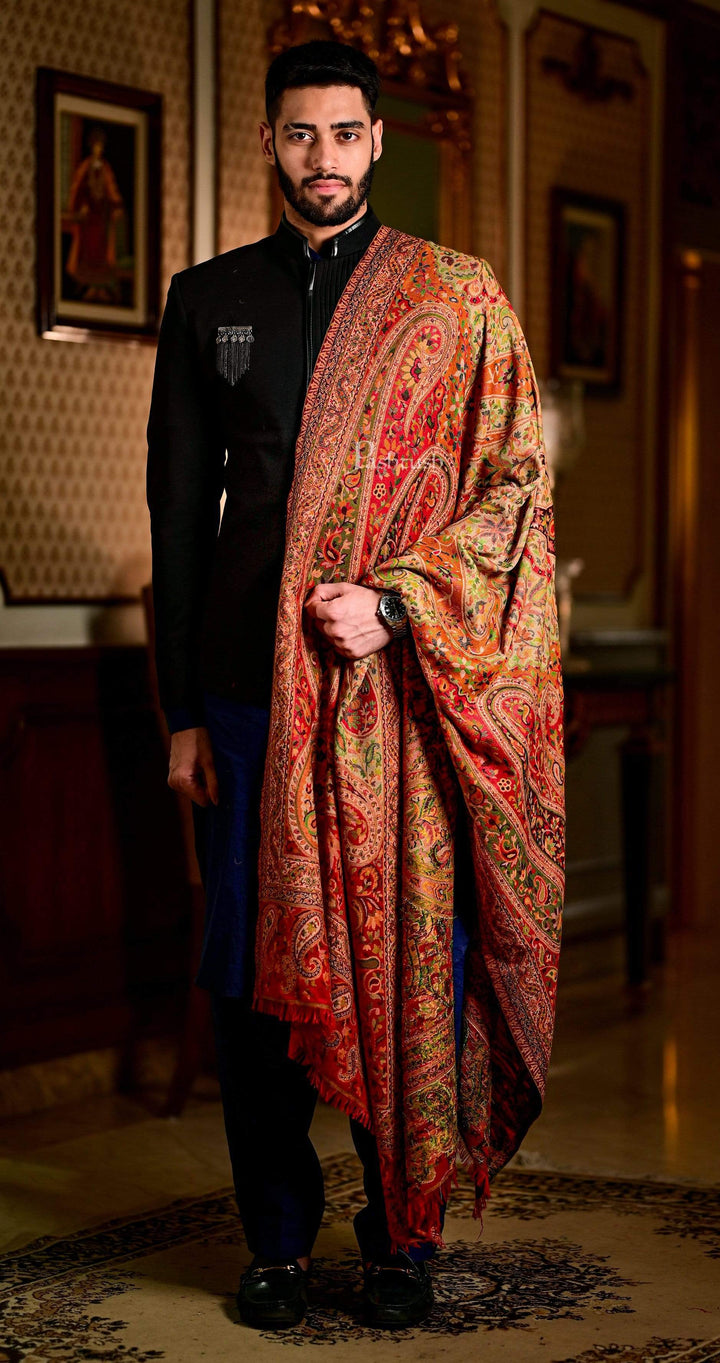 Pashtush India 100x200 Pashtush Mens Ethnic Weave Shawl, Rich Garden, Red And Beige
