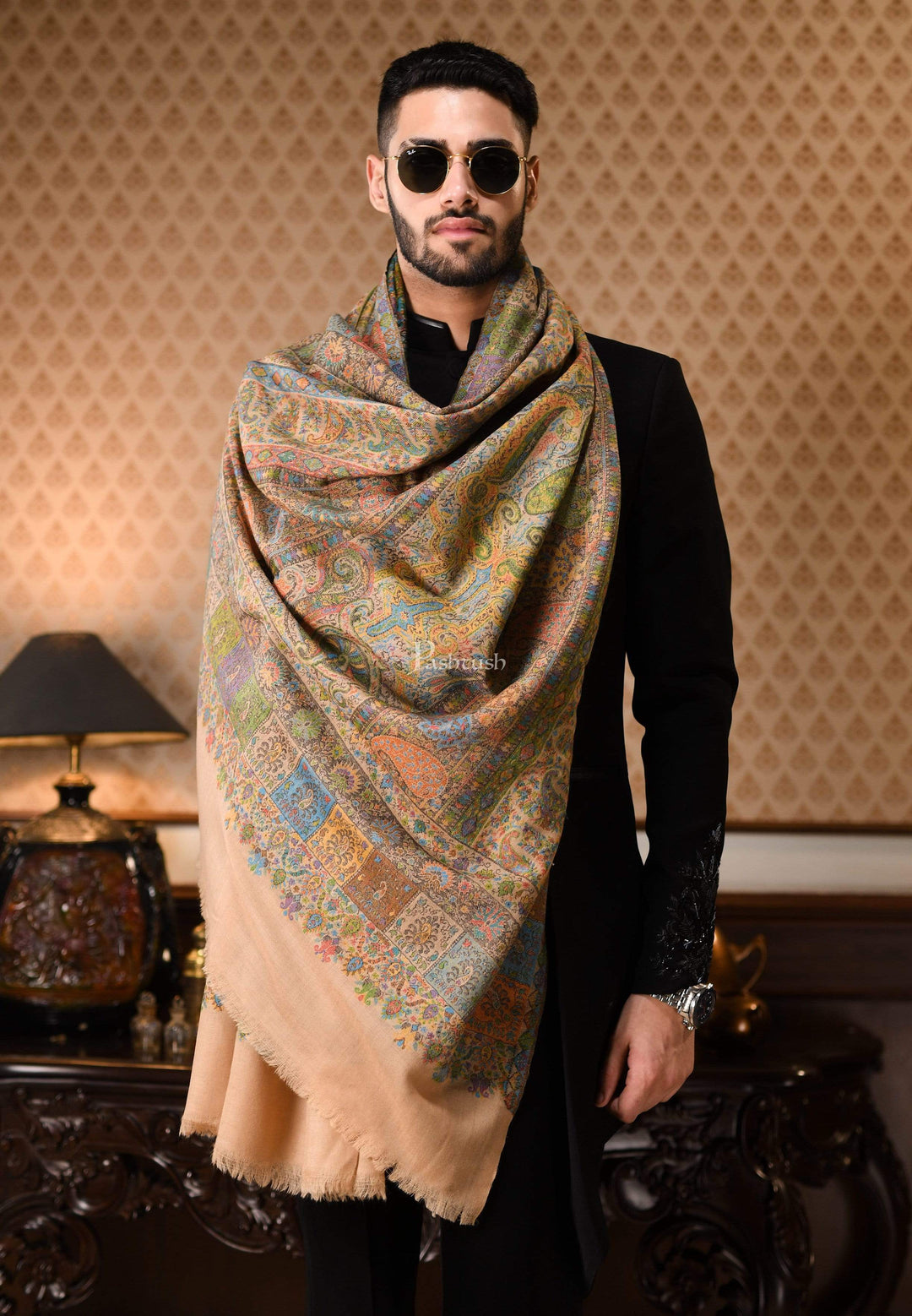Pashtush India 100x200 Pashtush Mens Extra Fine Kaani Shawl, Pure Wool, Woolmark Certificate