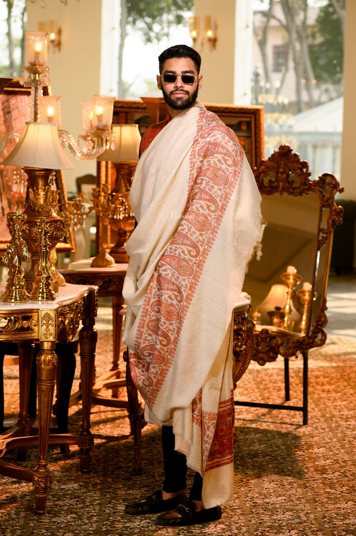 Pashtush India Mens Shawls Gents Shawl Pashtush Mens Extra Fine Wool Ethnic Shawl, Mens Lohi, Full Size, Light Beige
