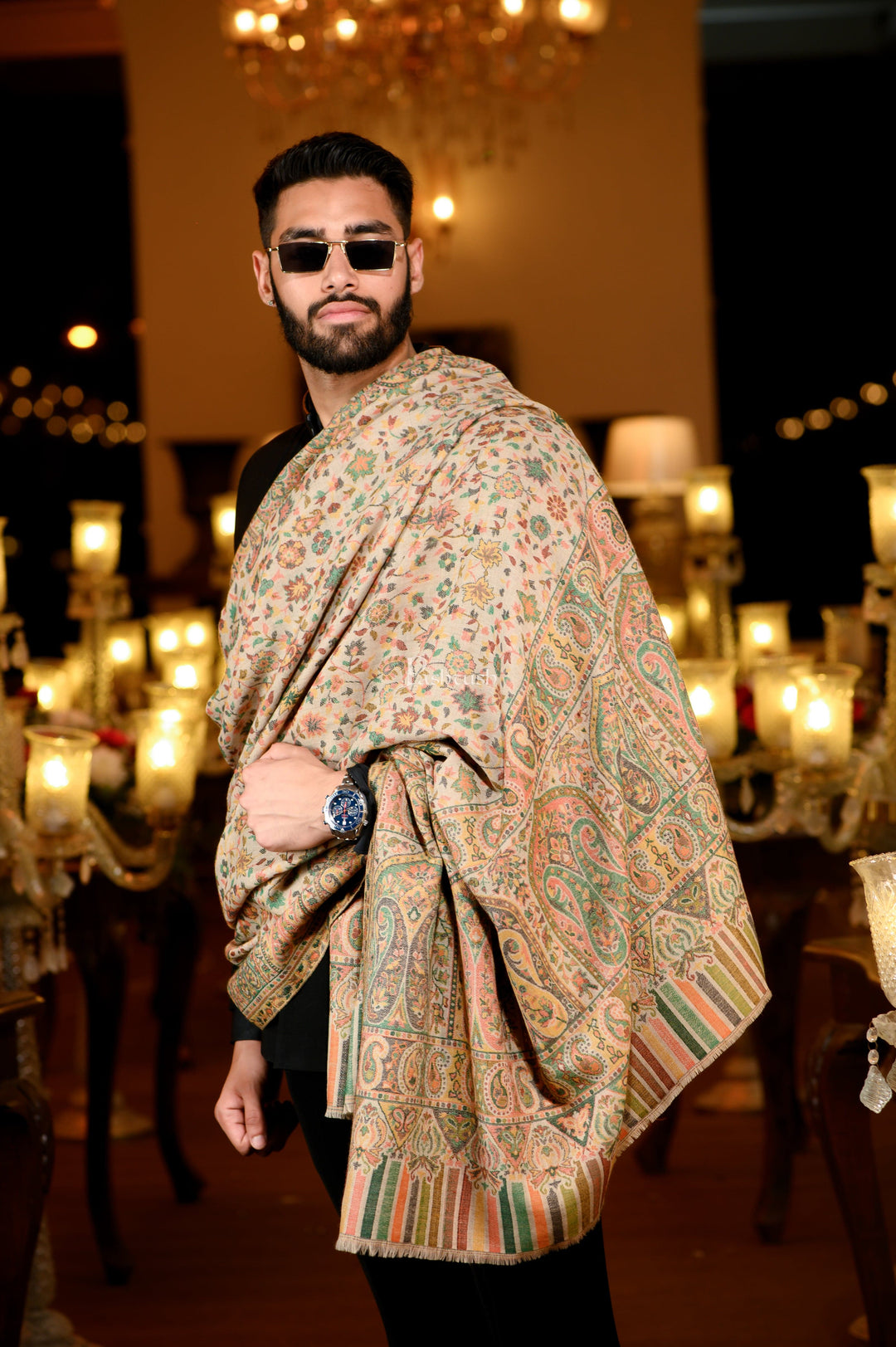 Pashtush India Mens Shawls Gents Shawl Pashtush Mens Extra Fine Wool Ethnic Shawl, Mens Lohi, Full Size, Multicolour