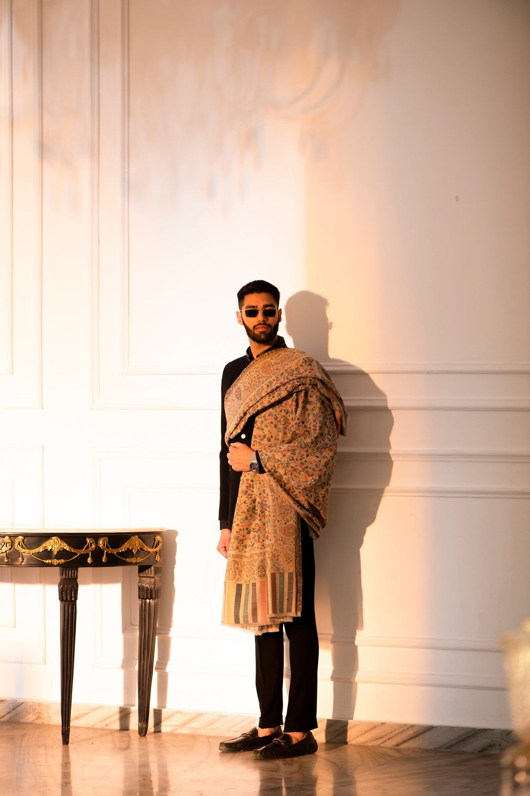 Pashtush India Mens Shawls Gents Shawl Pashtush Mens Extra Fine Wool Shawl, Ethnic Design, Lohi, Full Size, Beige