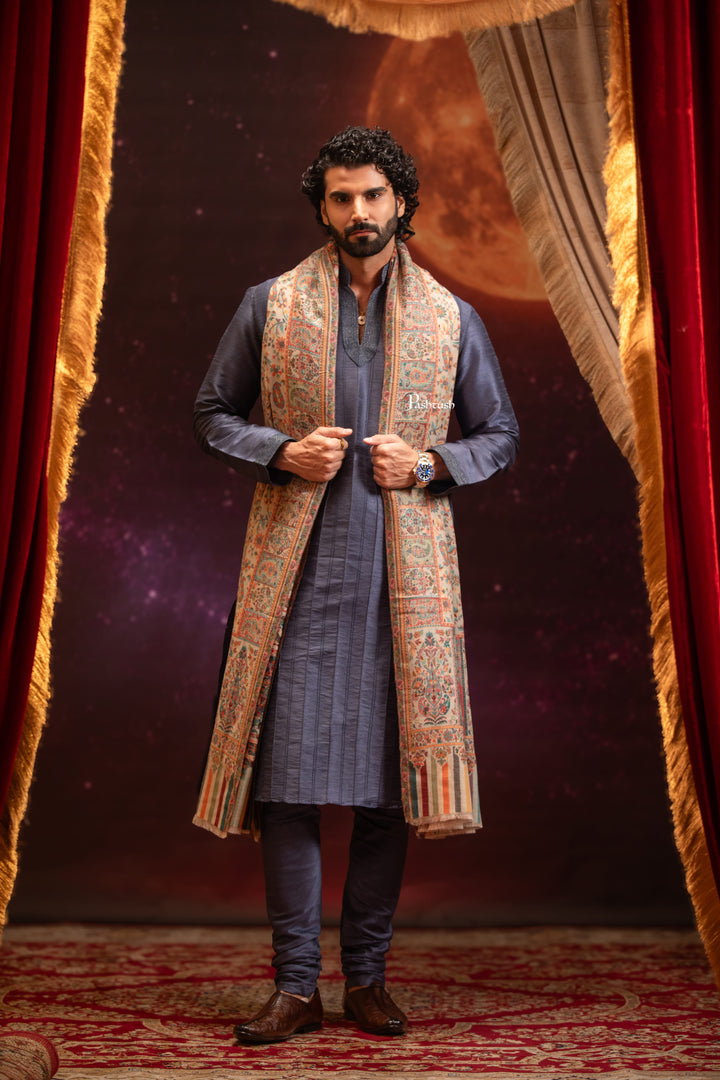 Pashtush India Mens Shawls Gents Shawl Pashtush Mens Extra Fine Wool Shawl, Ethnic Weave Design, Beige
