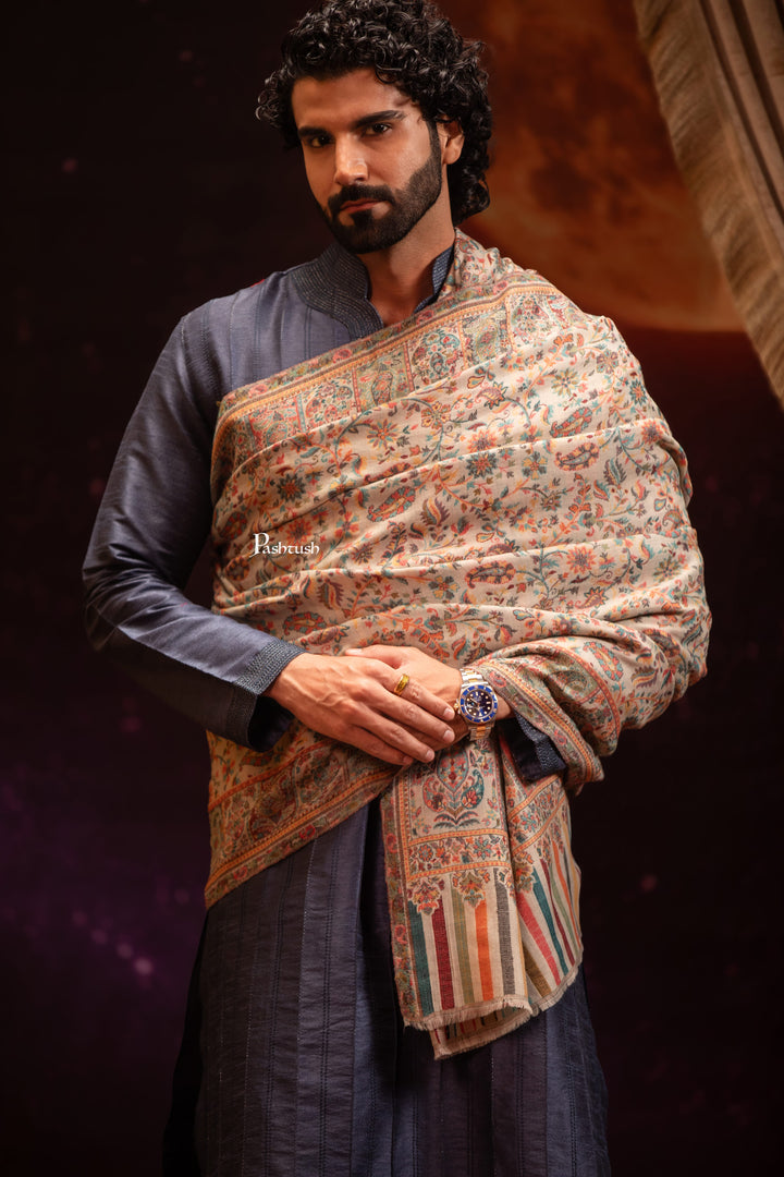 Pashtush India Mens Shawls Gents Shawl Pashtush Mens Extra Fine Wool Shawl, Ethnic Weave Design, Beige