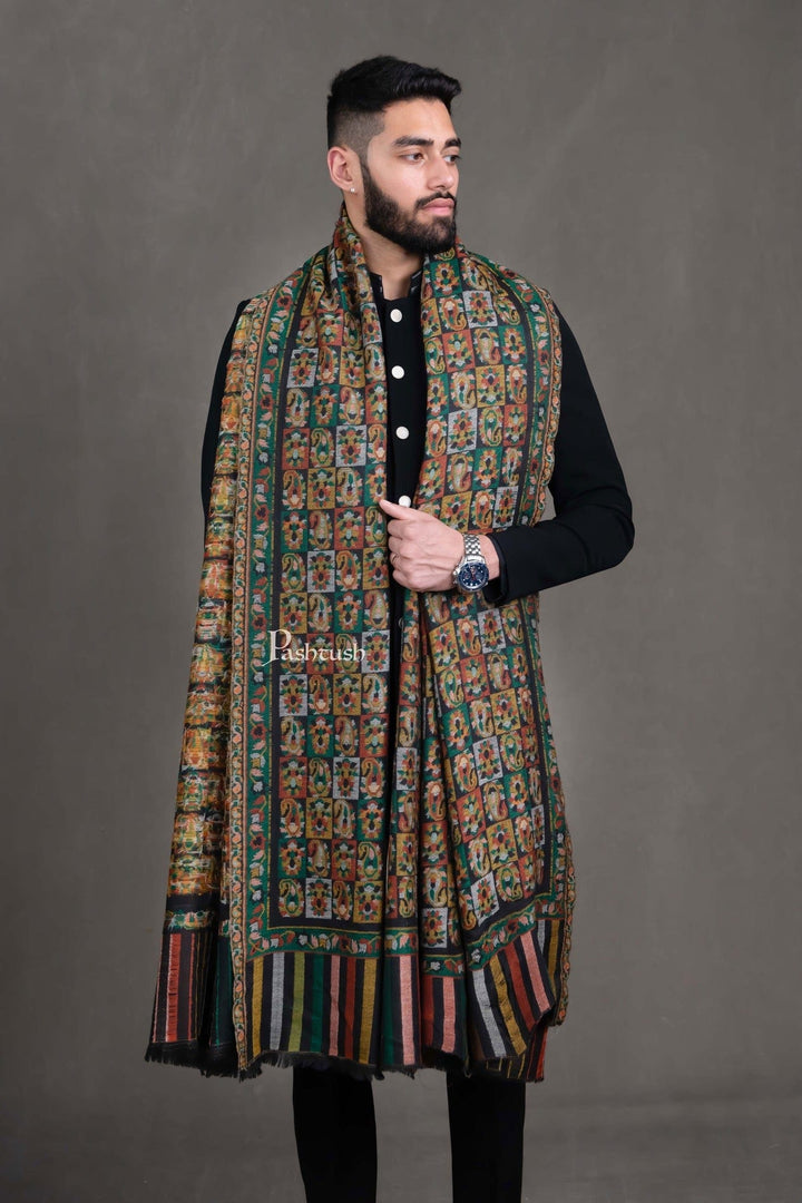 Pashtush India Mens Shawls Gents Shawl Pashtush Mens Extra Fine Wool Shawl, Full Size Ethnic Weave Woven Design, Black