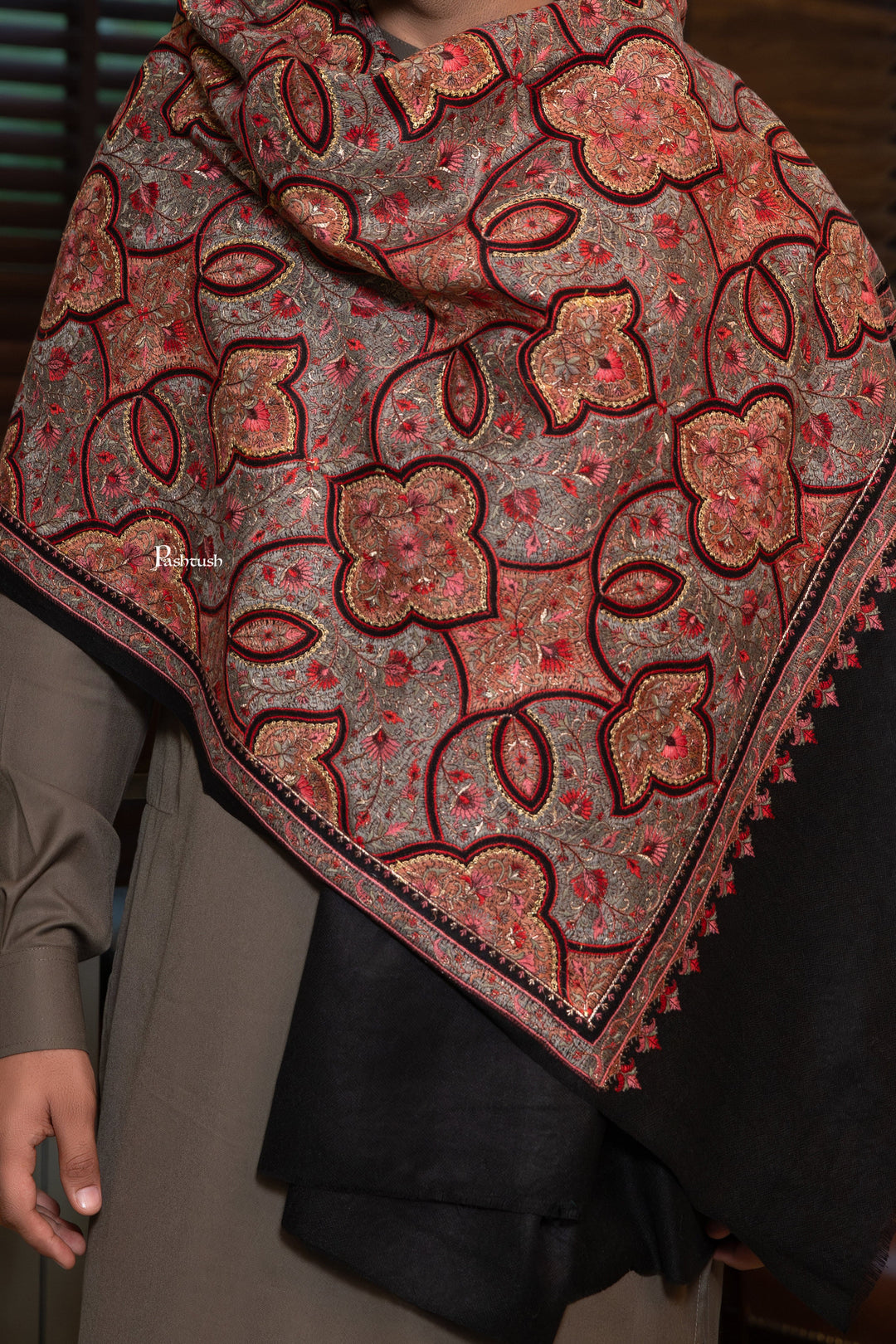 Pashtush India Mens Scarves Stoles and Mufflers Pashtush Mens Extra Fine Wool Shawl, Nalki Embroidery  Design, Black
