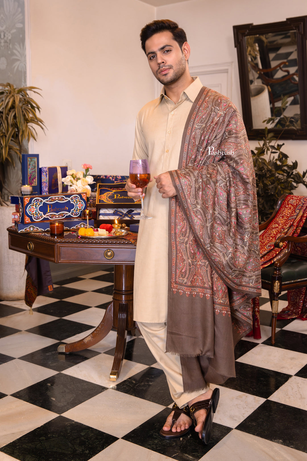 Pashtush India Mens Shawls Gents Shawl Pashtush Mens Extra Fine Wool Shawl, Paisley Design, Taupe