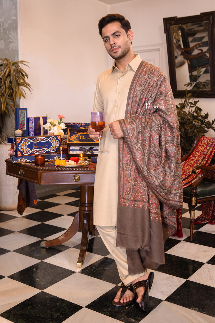Pashtush India Mens Shawls Gents Shawl Pashtush Mens Extra Fine Wool Shawl, Paisley Design, Taupe