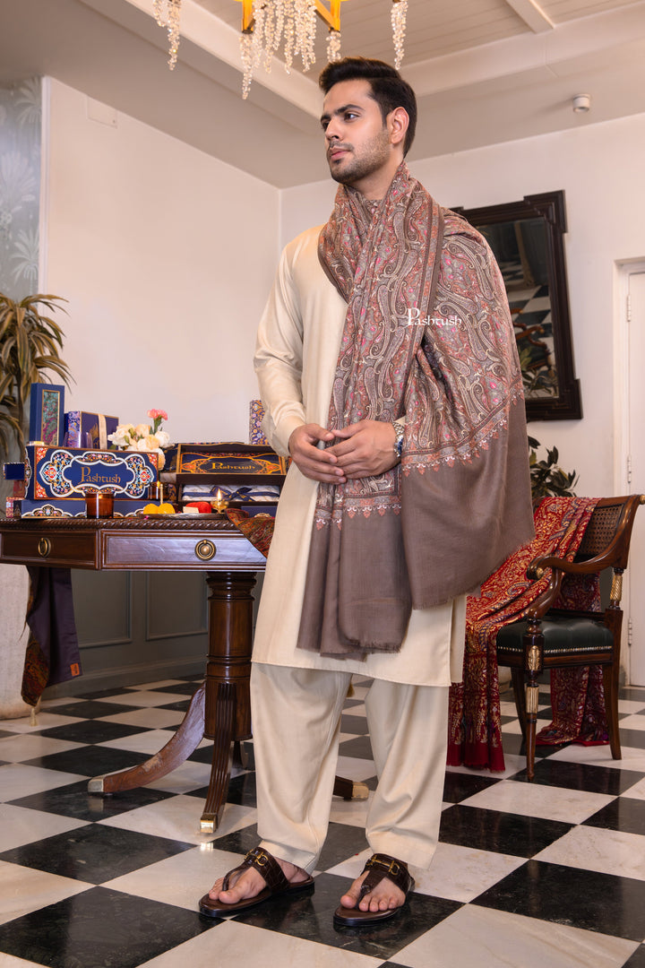 Pashtush India Mens Shawls Gents Shawl Pashtush Mens Extra Fine Wool Shawl, Paisley Design, Taupe