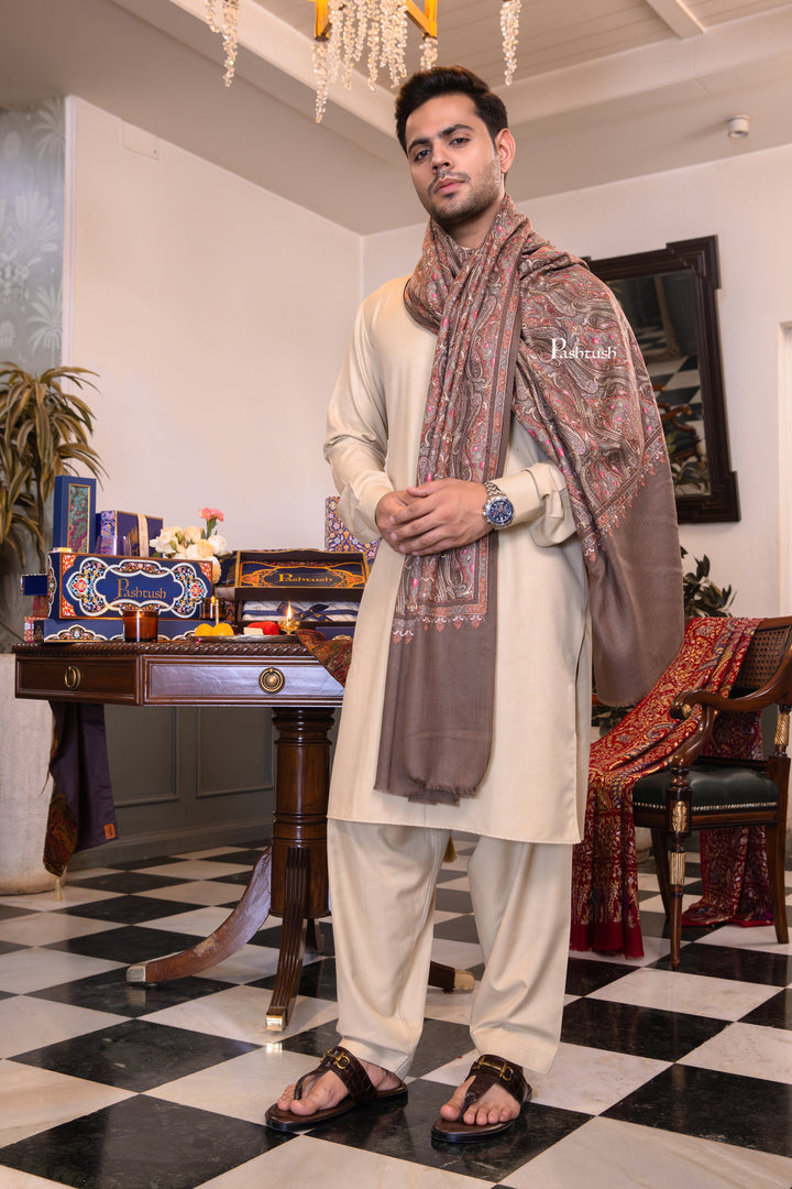 Pashtush India Mens Shawls Gents Shawl Pashtush Mens Extra Fine Wool Shawl, Paisley Design, Taupe