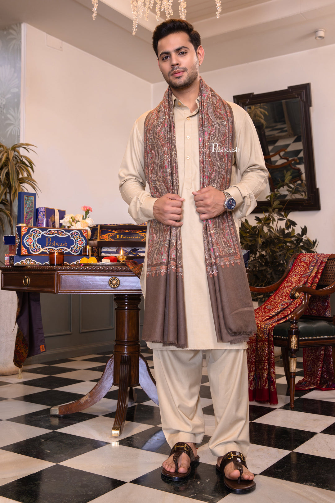 Pashtush India Mens Shawls Gents Shawl Pashtush Mens Extra Fine Wool Shawl, Paisley Design, Taupe