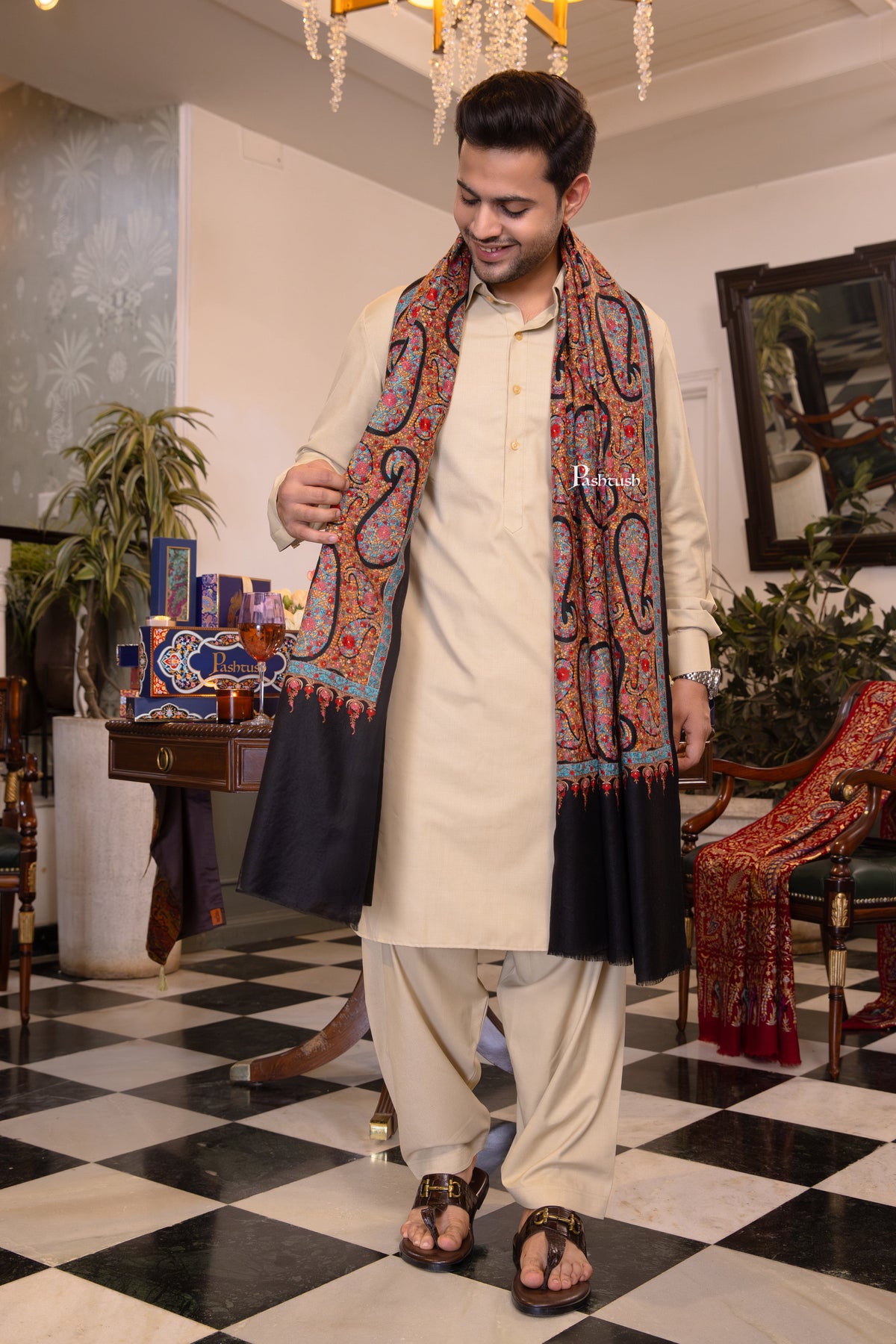 Pashtush Mens Extra Fine Wool Shawl, Papier Mache Design, Black ...