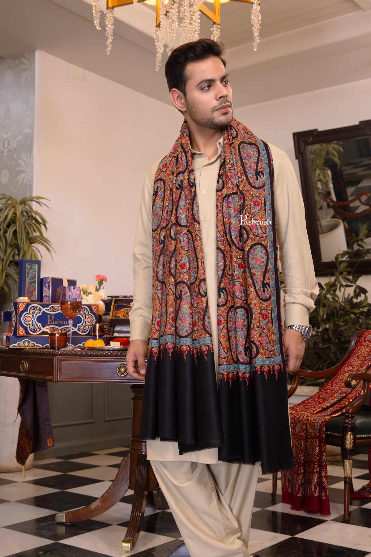 Pashtush Mens Extra Fine Wool Shawl, Papier Mache Design, Black ...