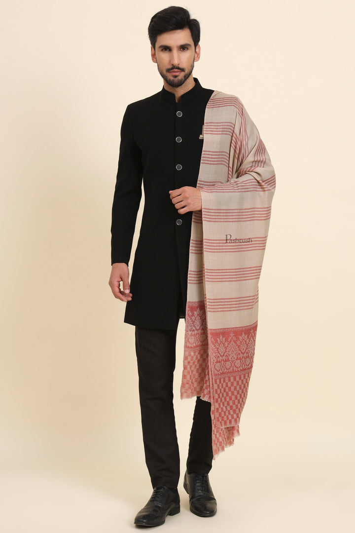Pashtush India Mens Scarves Stoles and Mufflers Pashtush Mens Extra Fine Wool Stole, Checkered Palla With Striped Design, Beige And Maroon