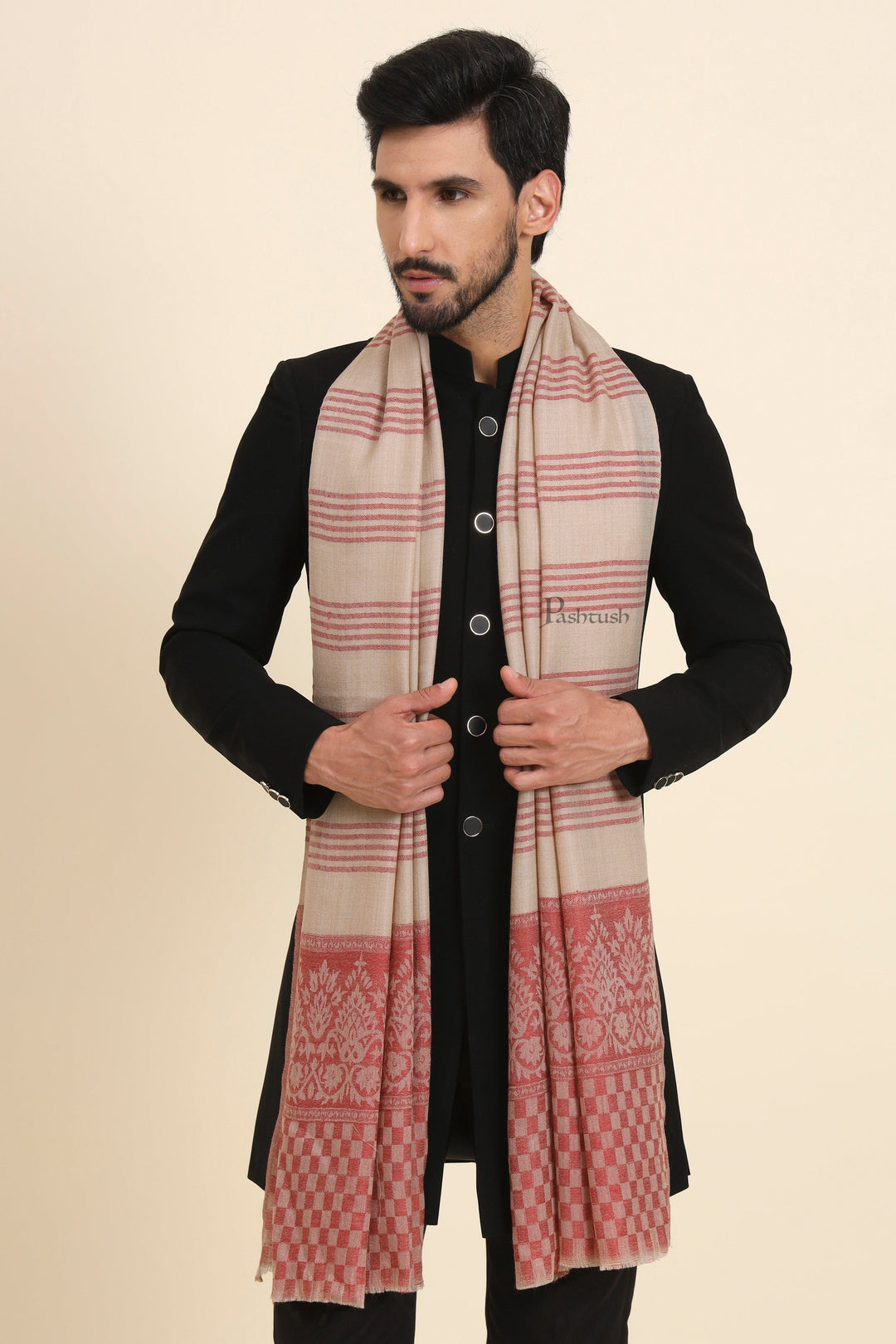Pashtush India Mens Scarves Stoles and Mufflers Pashtush Mens Extra Fine Wool Stole, Checkered Palla With Striped Design, Beige And Maroon