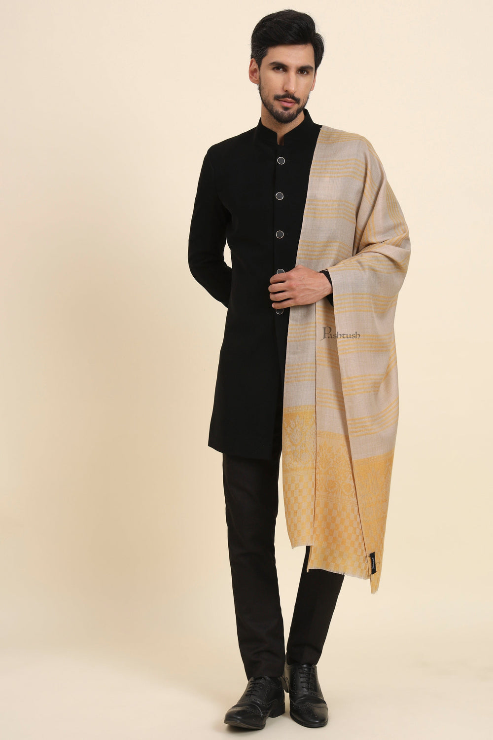 Pashtush India Mens Scarves Stoles and Mufflers Pashtush Mens Extra Fine Wool Stole, Checkered Palla With Striped Design, Mustard